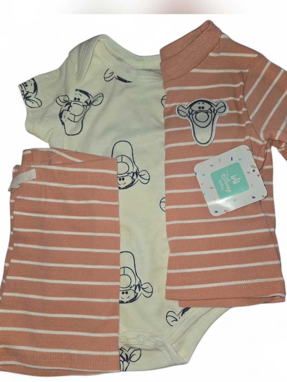 Striped Peach & Cream Baby Bodysuit Set with Tigger Motif